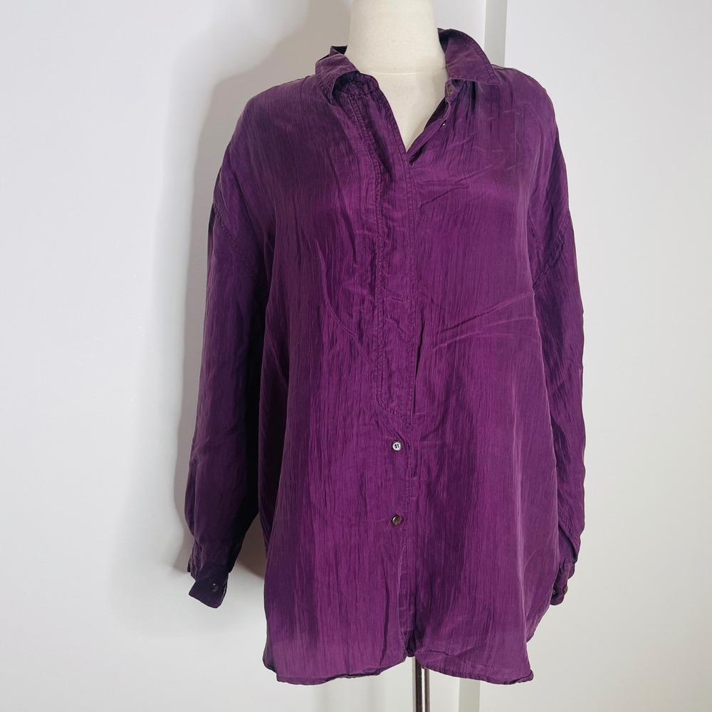 Vintage Express 100% Pure Silk Purple Button Down Shirt Long Sleeve Blouse Med